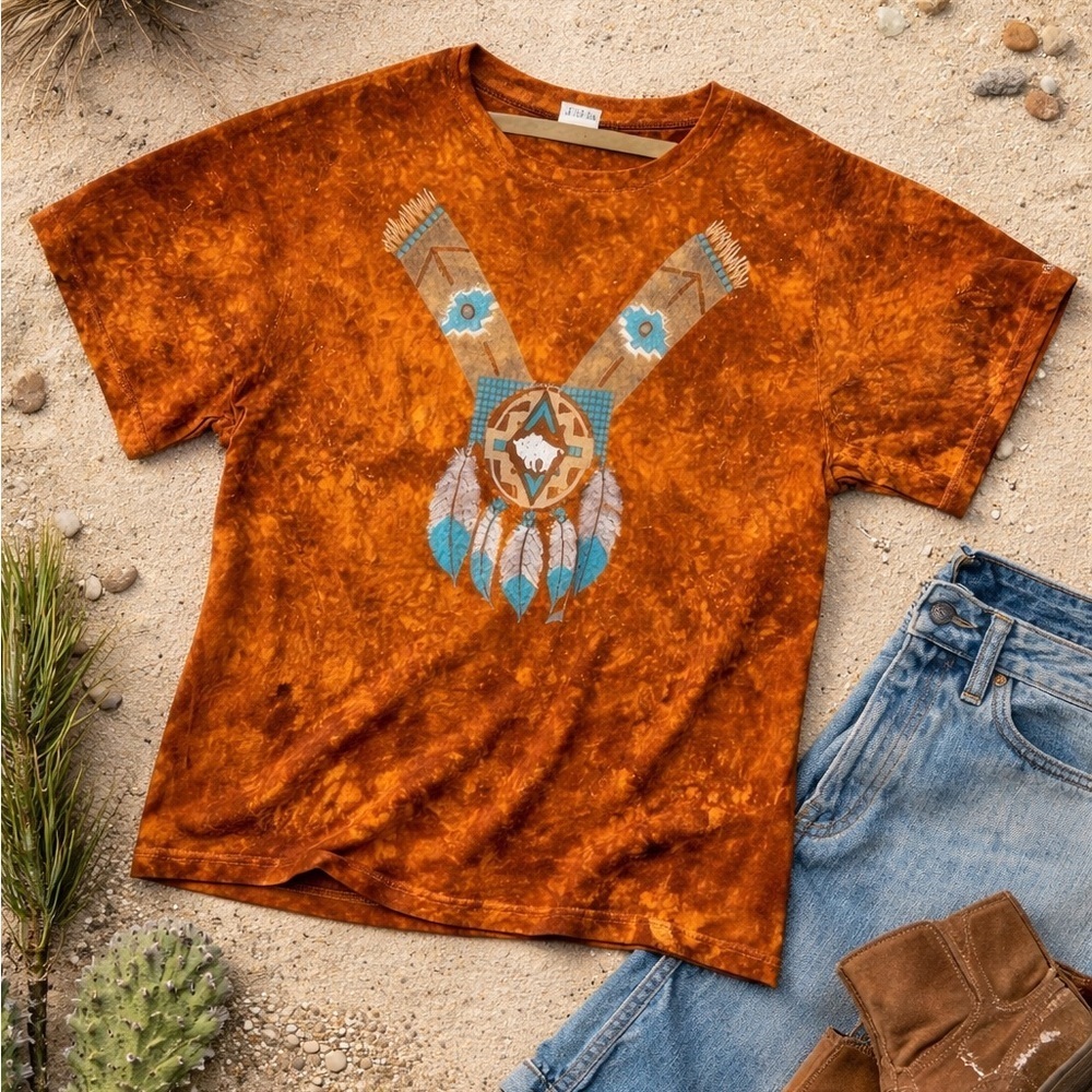 Vintage Southwestern Buffalo Graphic Tee XL 90s Bleach Dye Boho Desert Shirt